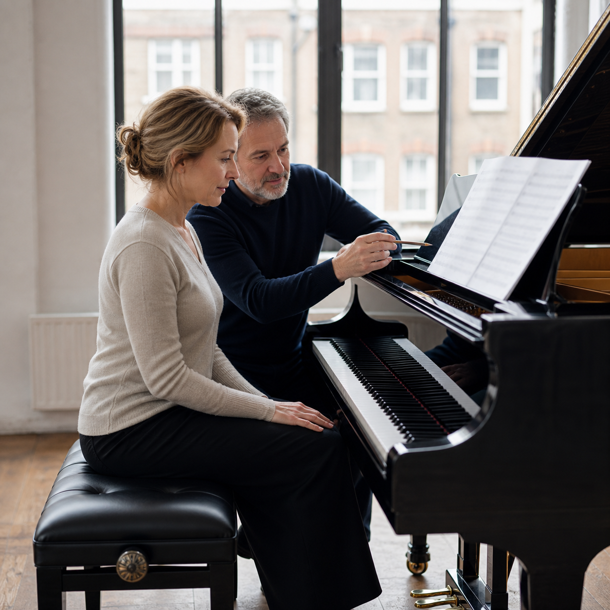 Adult learner and piano teacher reviewing progress together