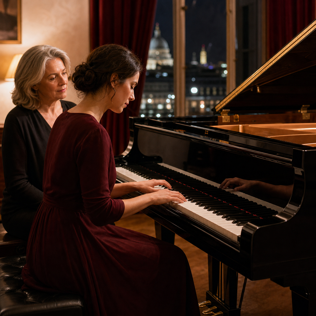 Adult piano learner reflecting with a teacher beside a grand piano after a London concert