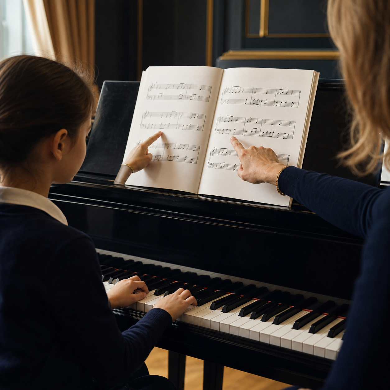 Teacher and child comparing musical phrases in a piano score