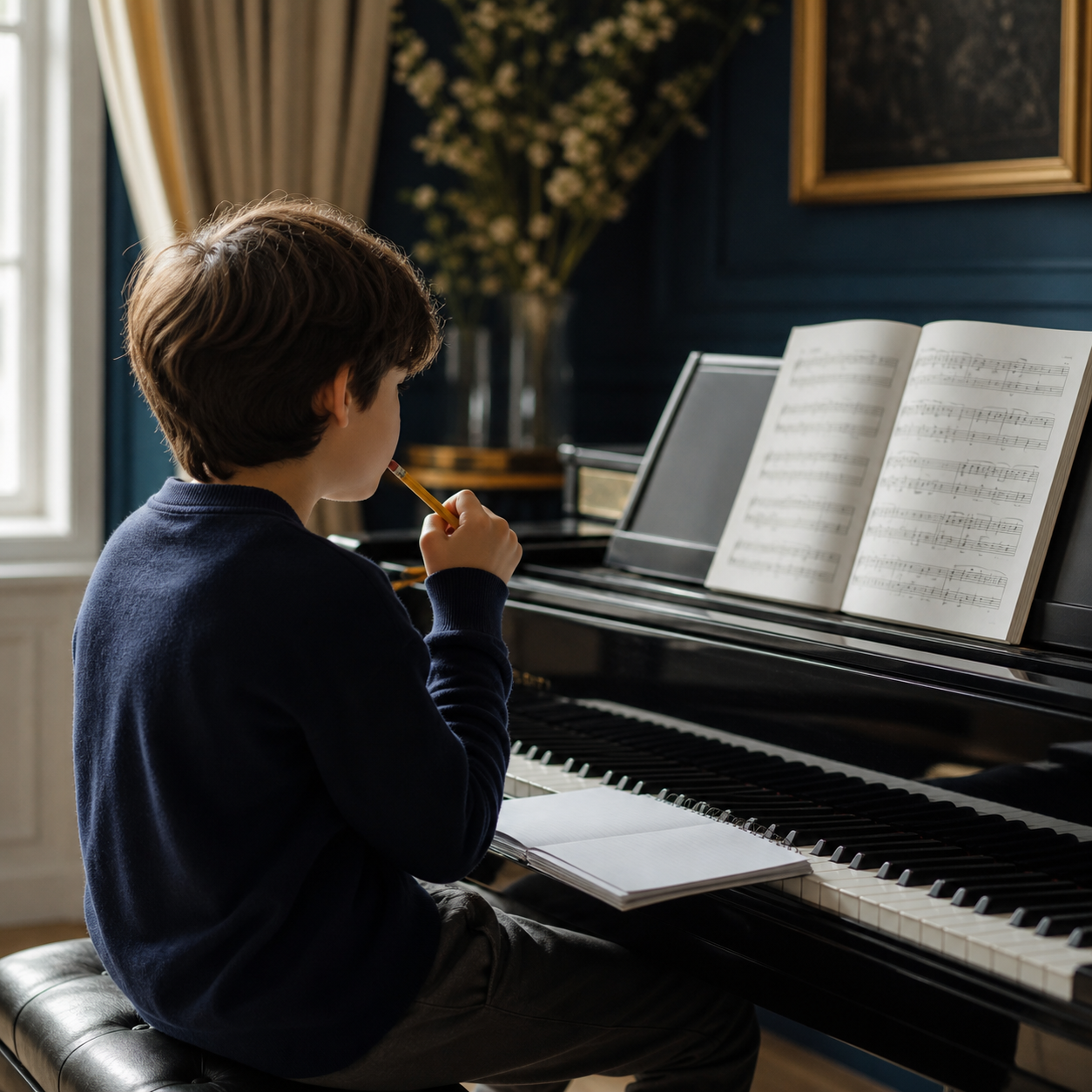 Child planning piano practice beside an open score and notebook