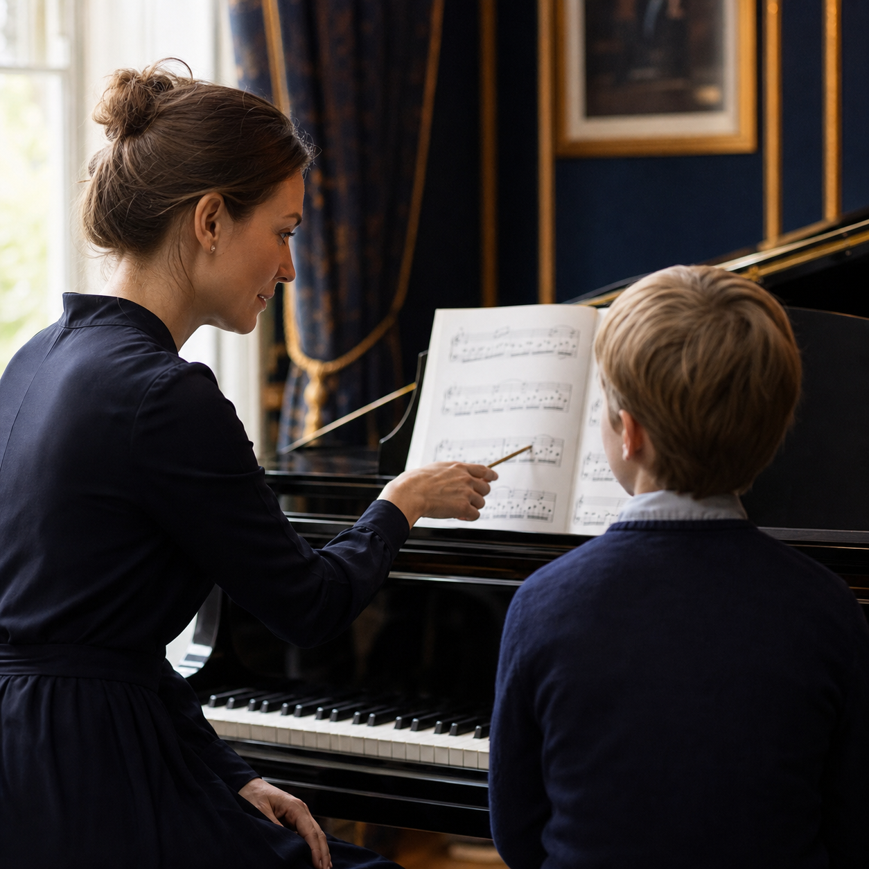 Piano teacher helping a child diagnose a rhythm from the score