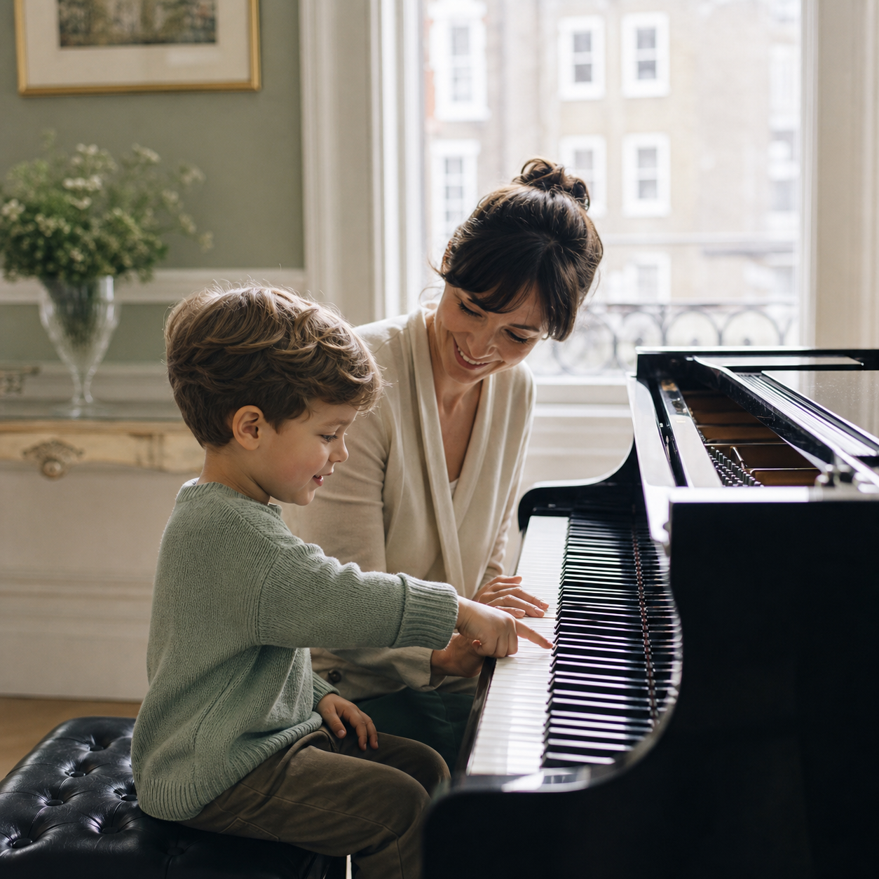 Young child exploring piano sounds with a teacher
