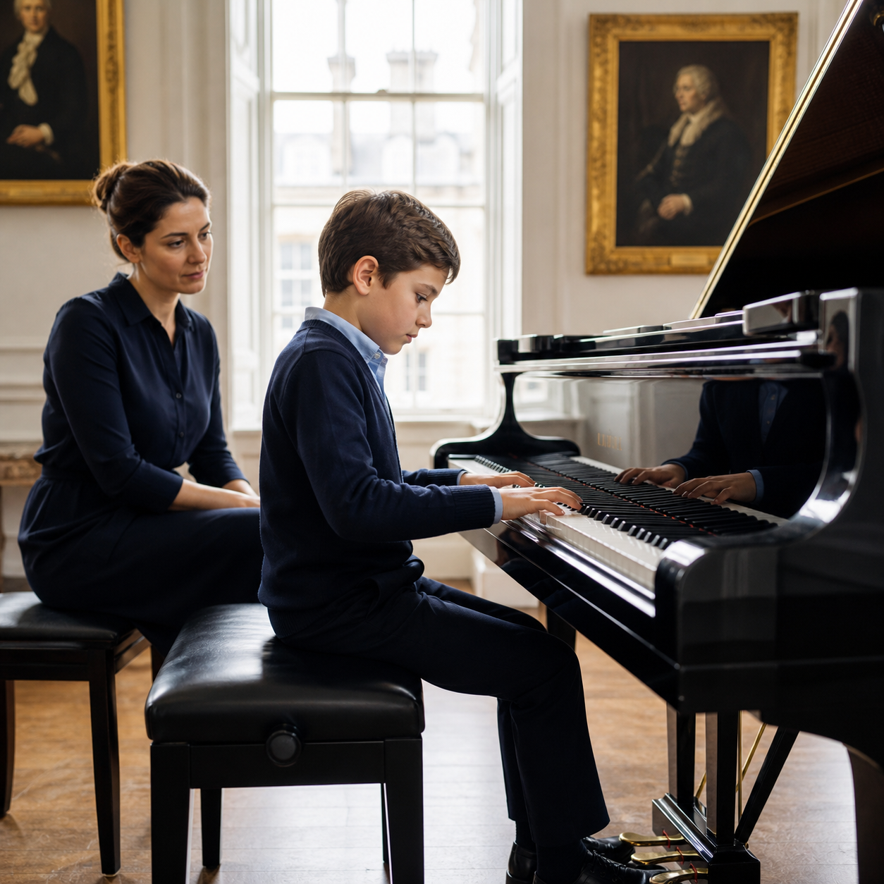 School-age child developing two-hand coordination at the piano