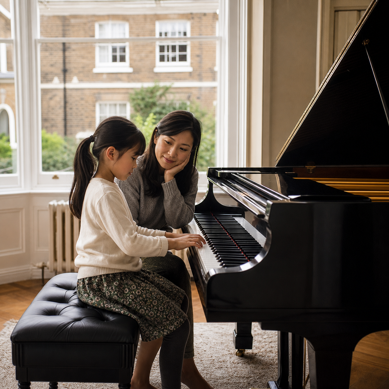 Parent supporting a calm child piano practice at home