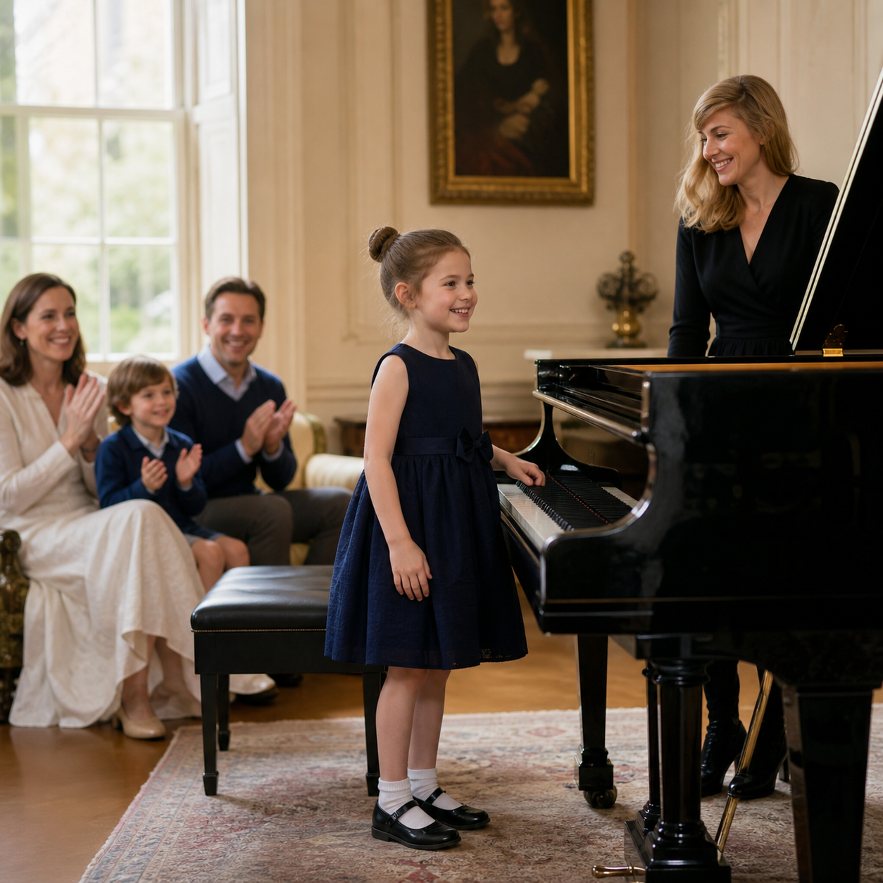 Child completing a small piano performance with family support