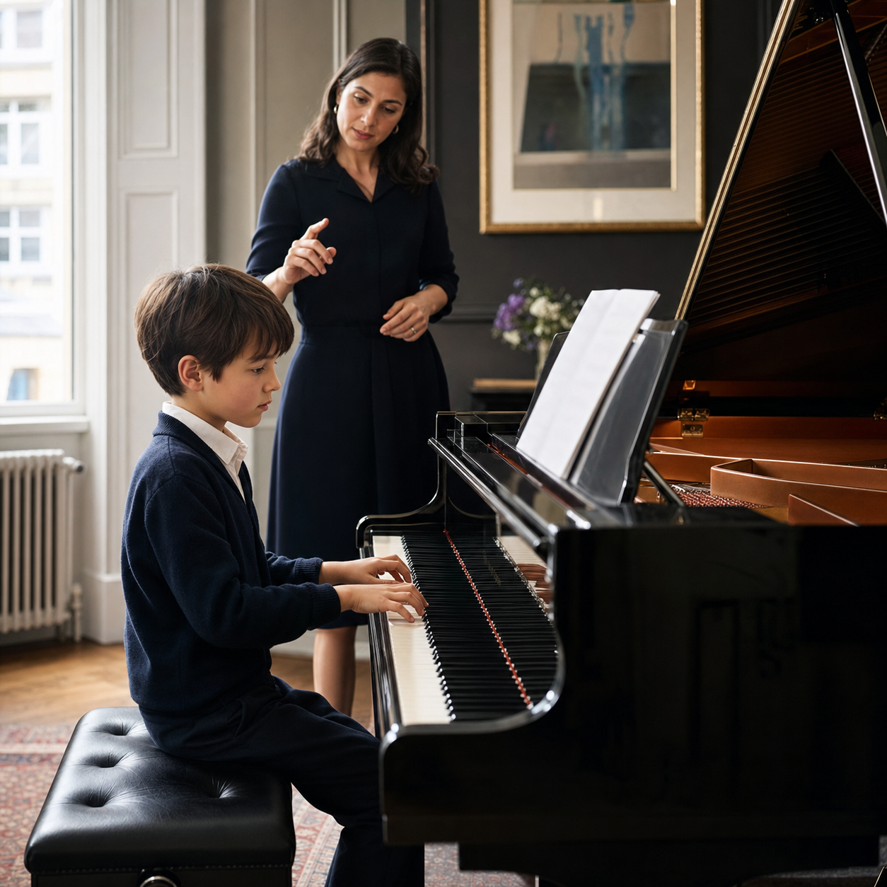Child and piano teacher developing attention, listening and coordination at a grand piano