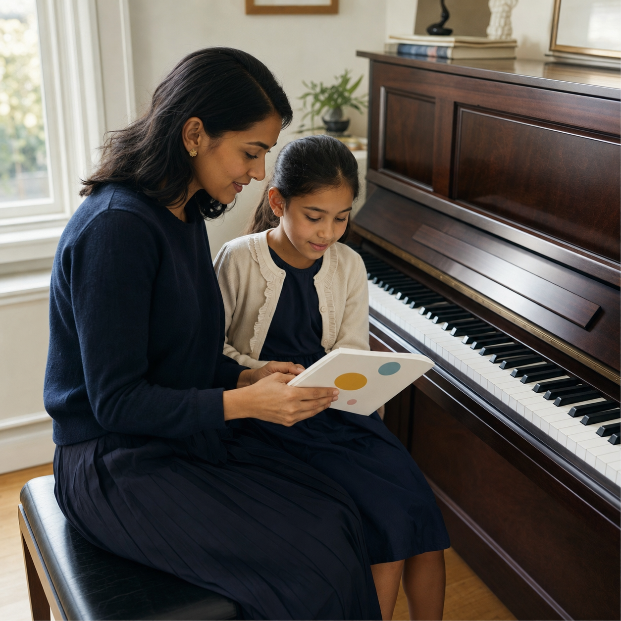 Parent and child considering evidence about whether piano makes children smarter