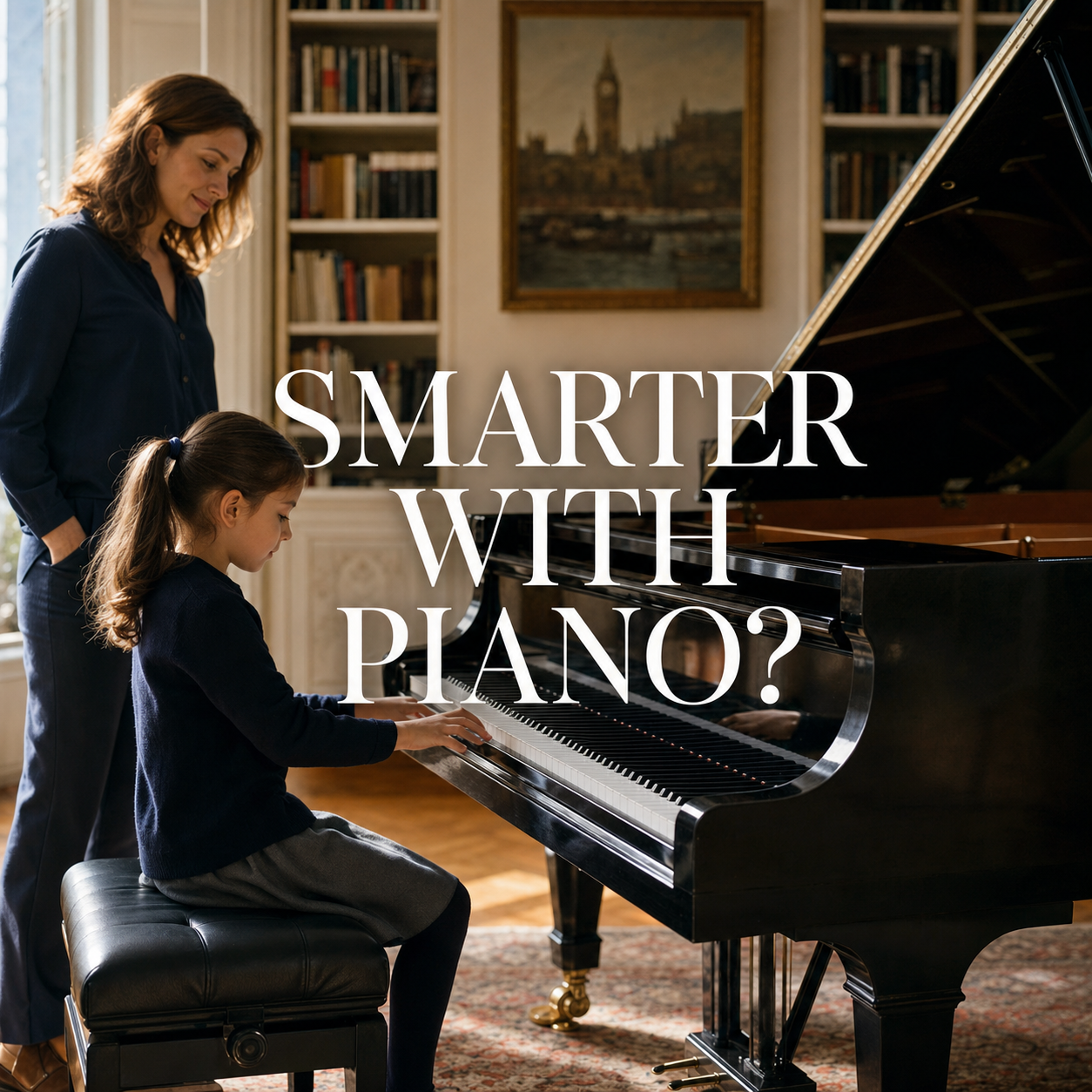 Does piano make you smarter? A child learning at a grand piano with a supportive parent