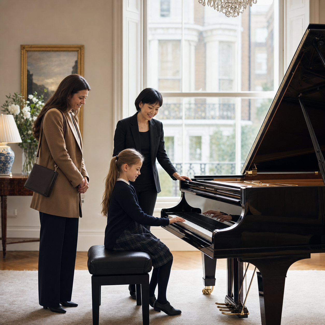 Piano teacher welcoming a parent and child to a London lesson