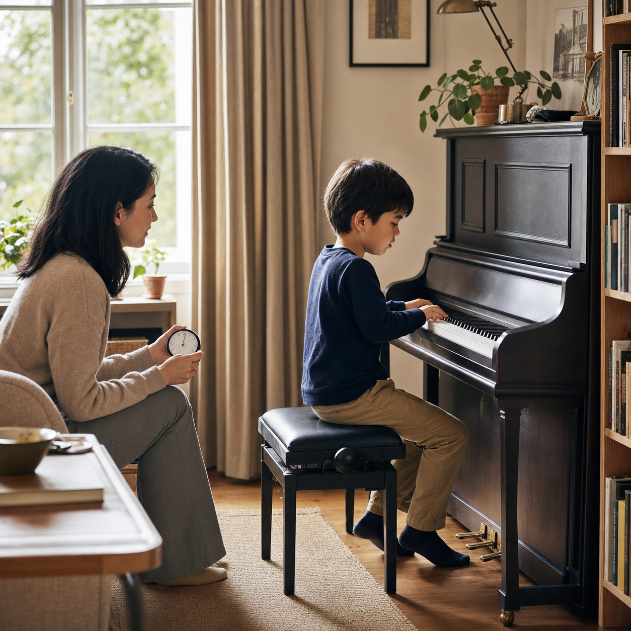 Parent supporting a short and relaxed piano practice routine for a child