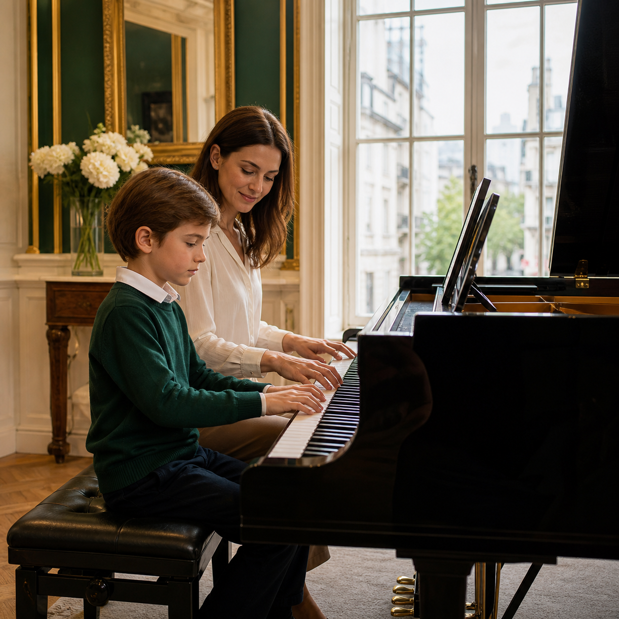 Child developing fine motor skills with a piano teacher