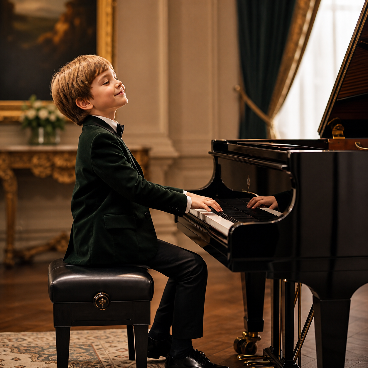 Confident child using fine motor skills at the piano