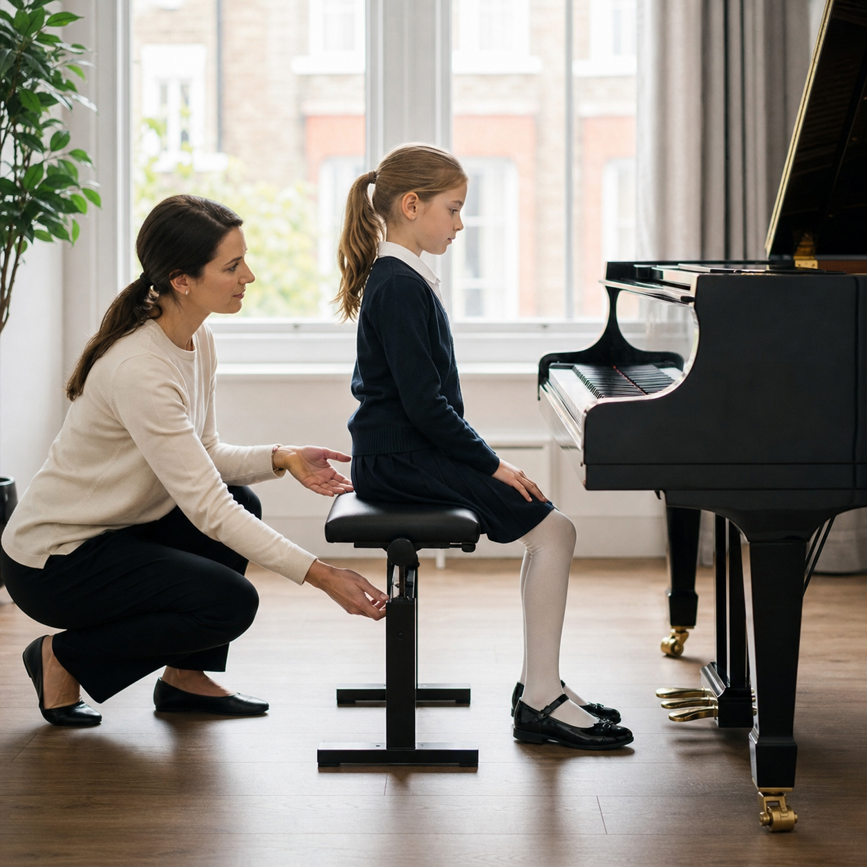 Teacher helping a child find balanced sitting at the piano