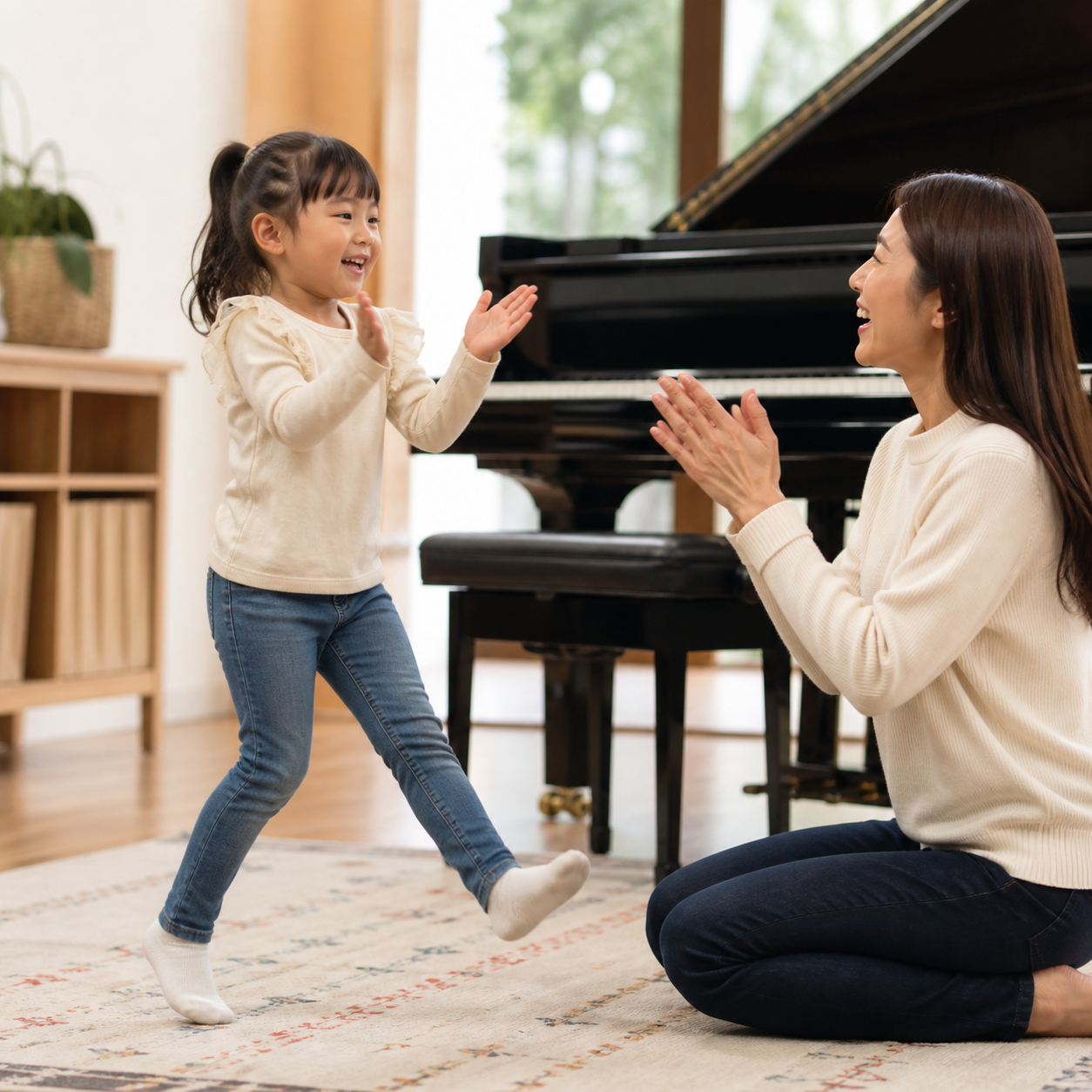 Child stepping and clapping a steady pulse beside the piano