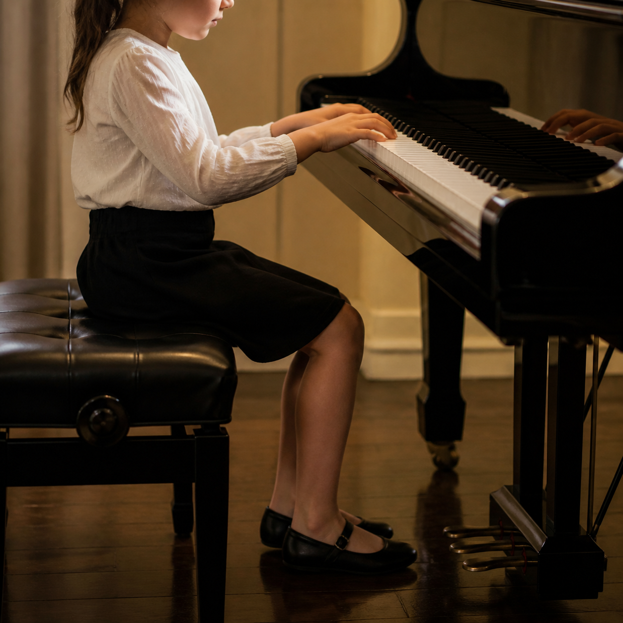 Child using stable feet and relaxed arms at the piano