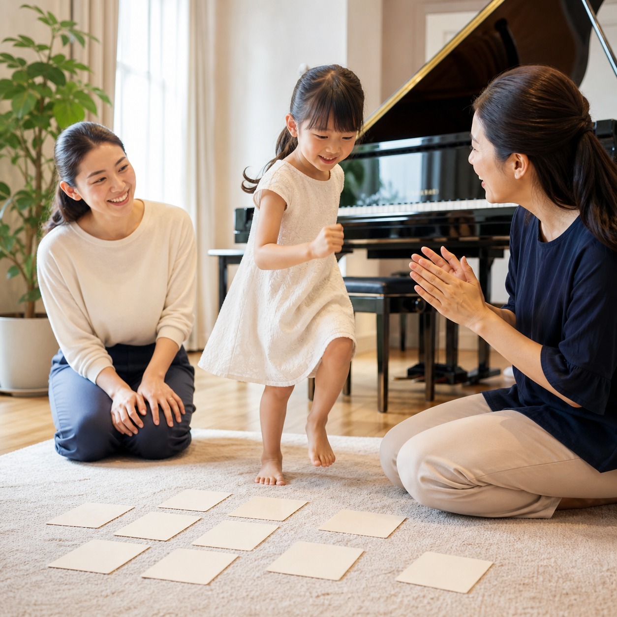 Parent and teacher sharing a movement game with a child