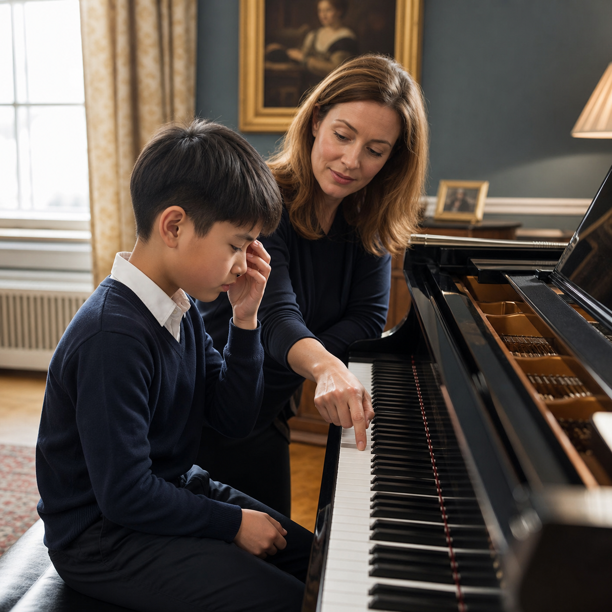 Child learning from a piano mistake with a teacher