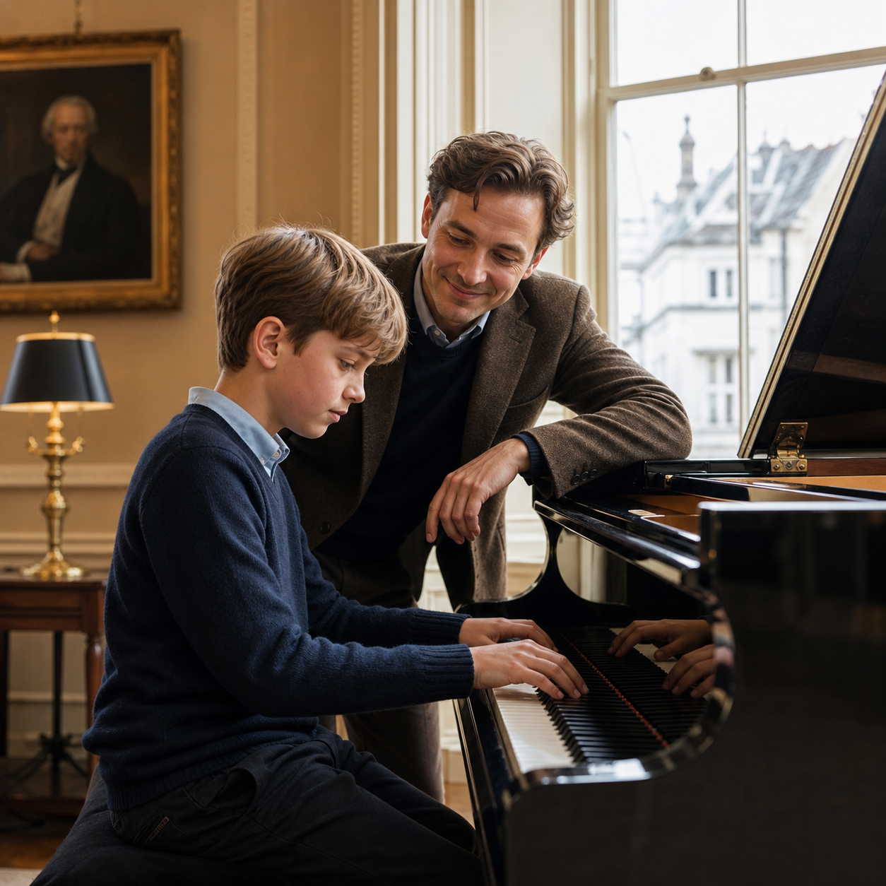 Parent supporting growth mindset during home piano practice