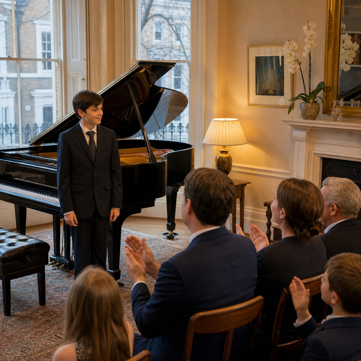 Child completing a small piano performance with confidence