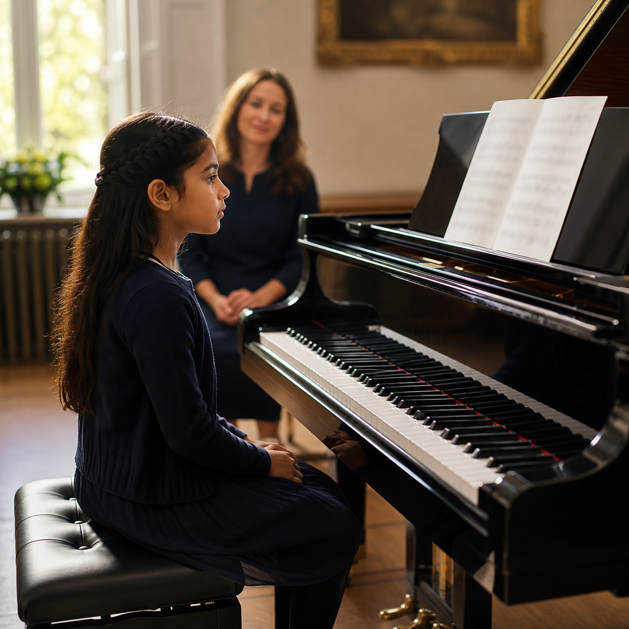Child tracking simple notation before playing a piano phrase