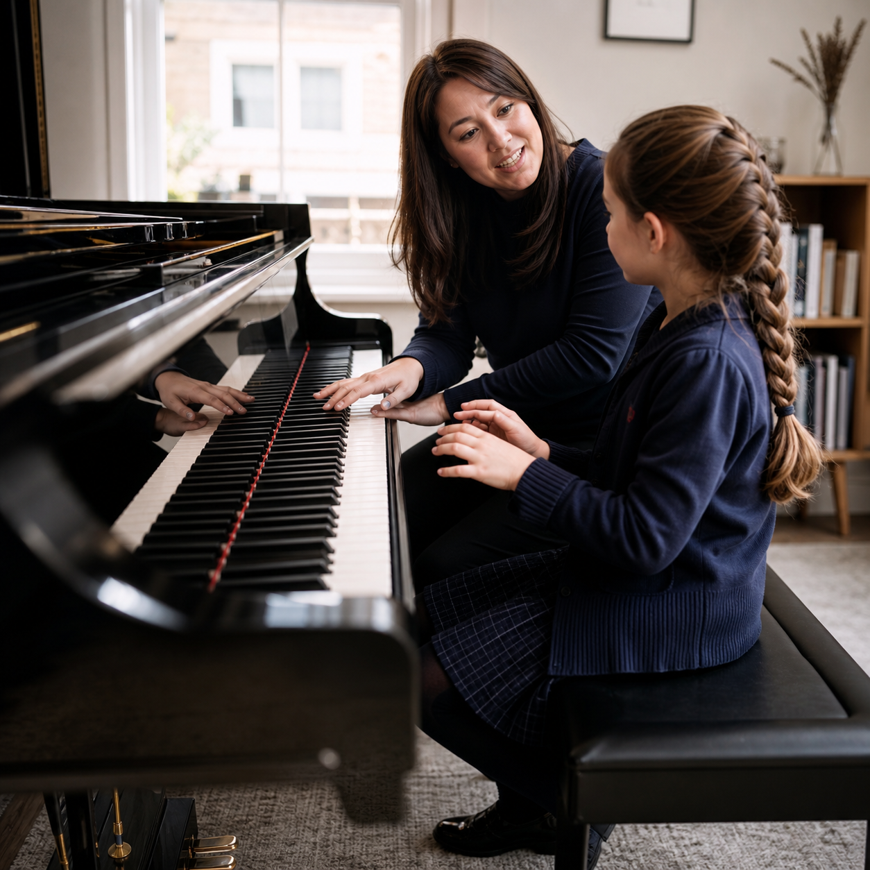 Piano teacher using a short call-and-response pattern with a child