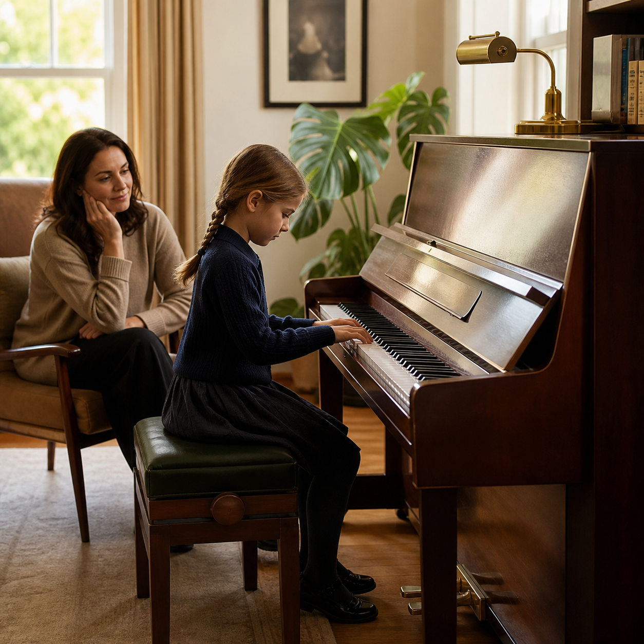 Parent observing a calm short piano practice session