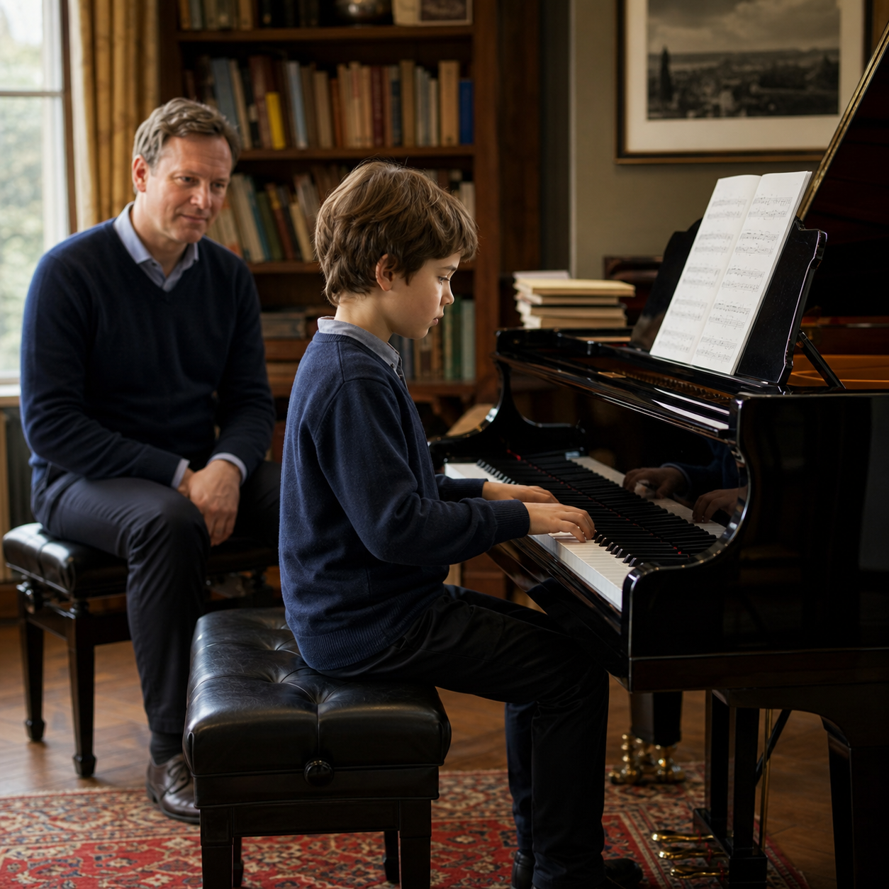 Young pianist completing a short phrase independently