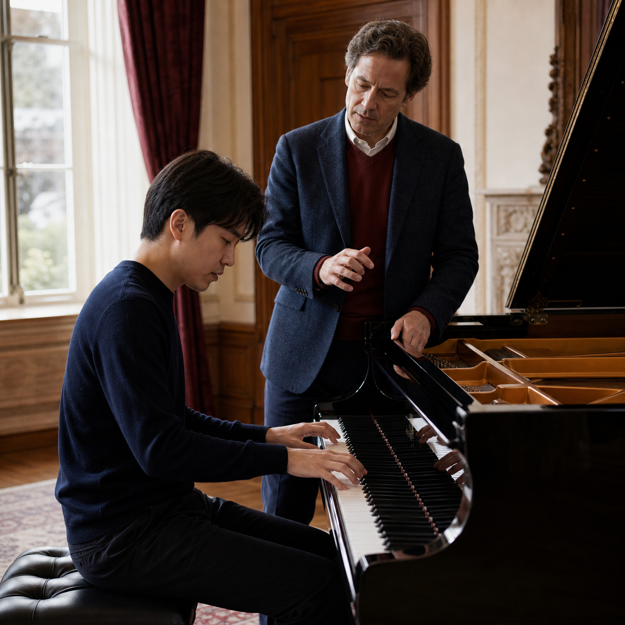 Adult pianist studying Haochen Zhang phrasing and clarity with a teacher