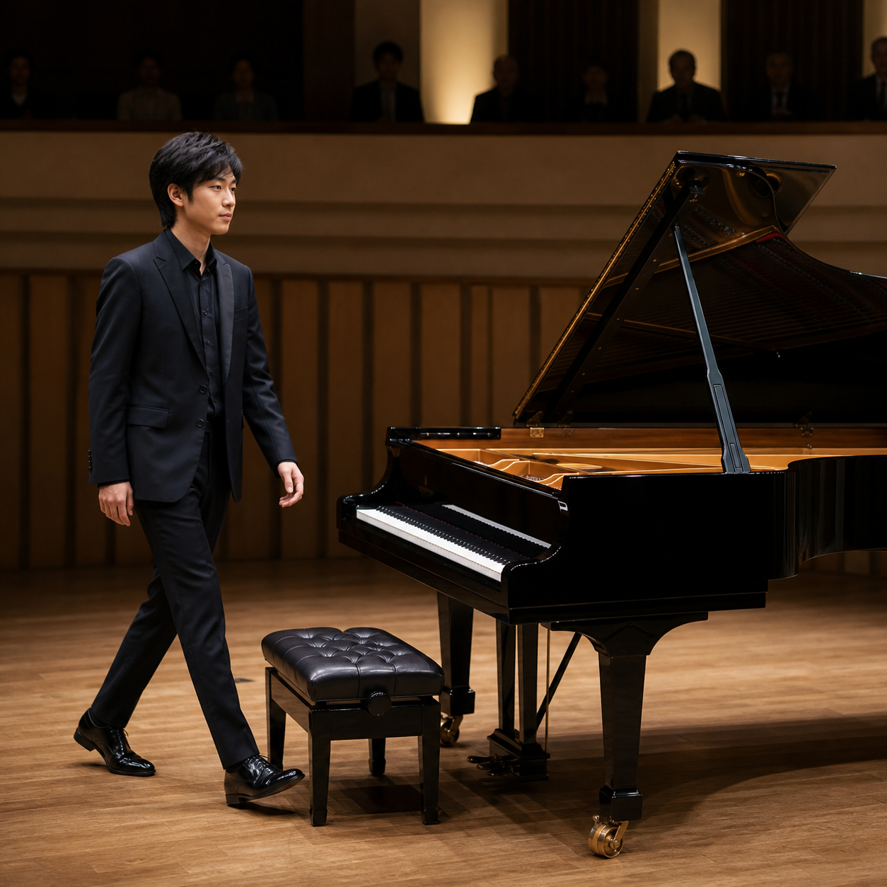 Haochen Zhang approaching a competition-stage grand piano