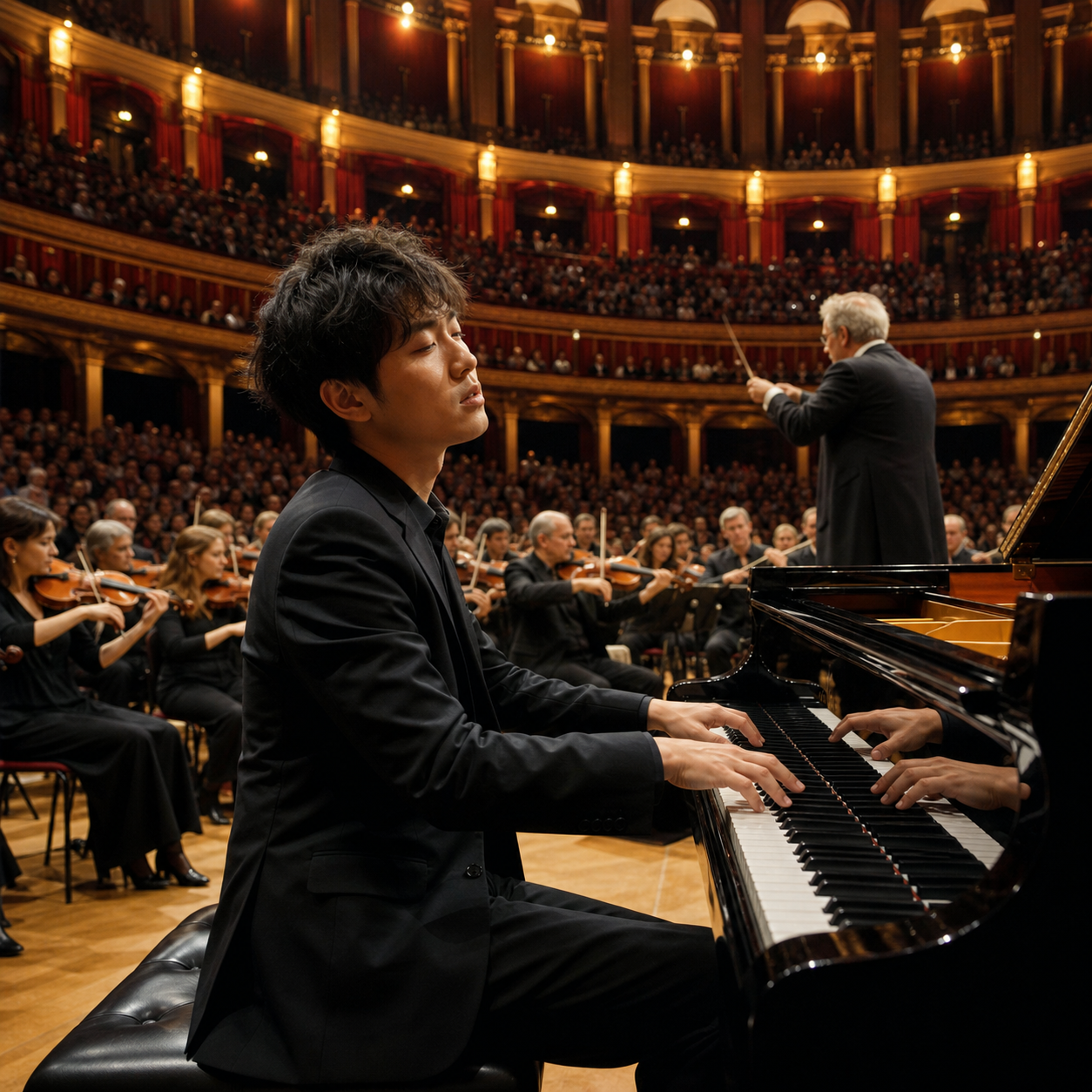 Haochen Zhang performing with orchestra in a grand London concert hall