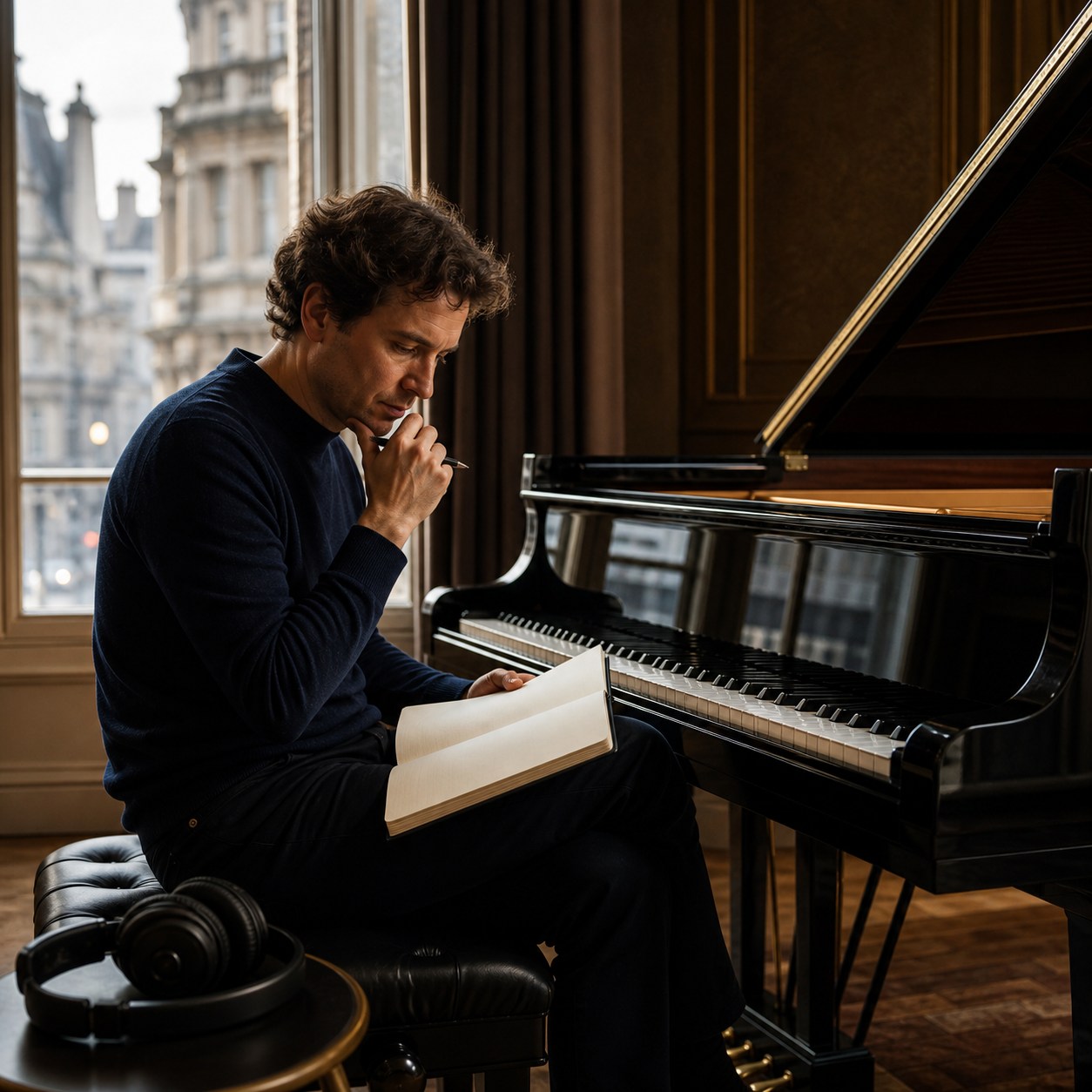 Adult pianist listening closely to Haochen Zhang recordings beside a grand piano
