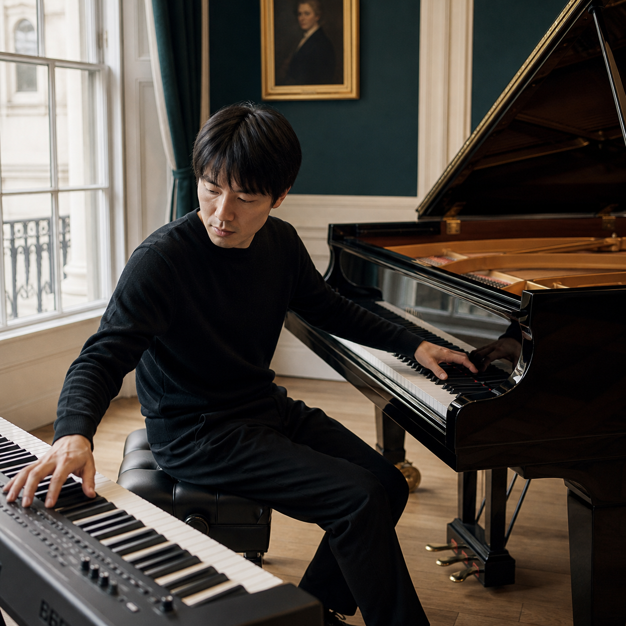 Pianist exploring acoustic and electronic keyboards