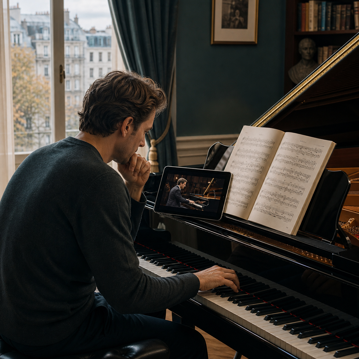 London piano student comparing a score with a digital performance
