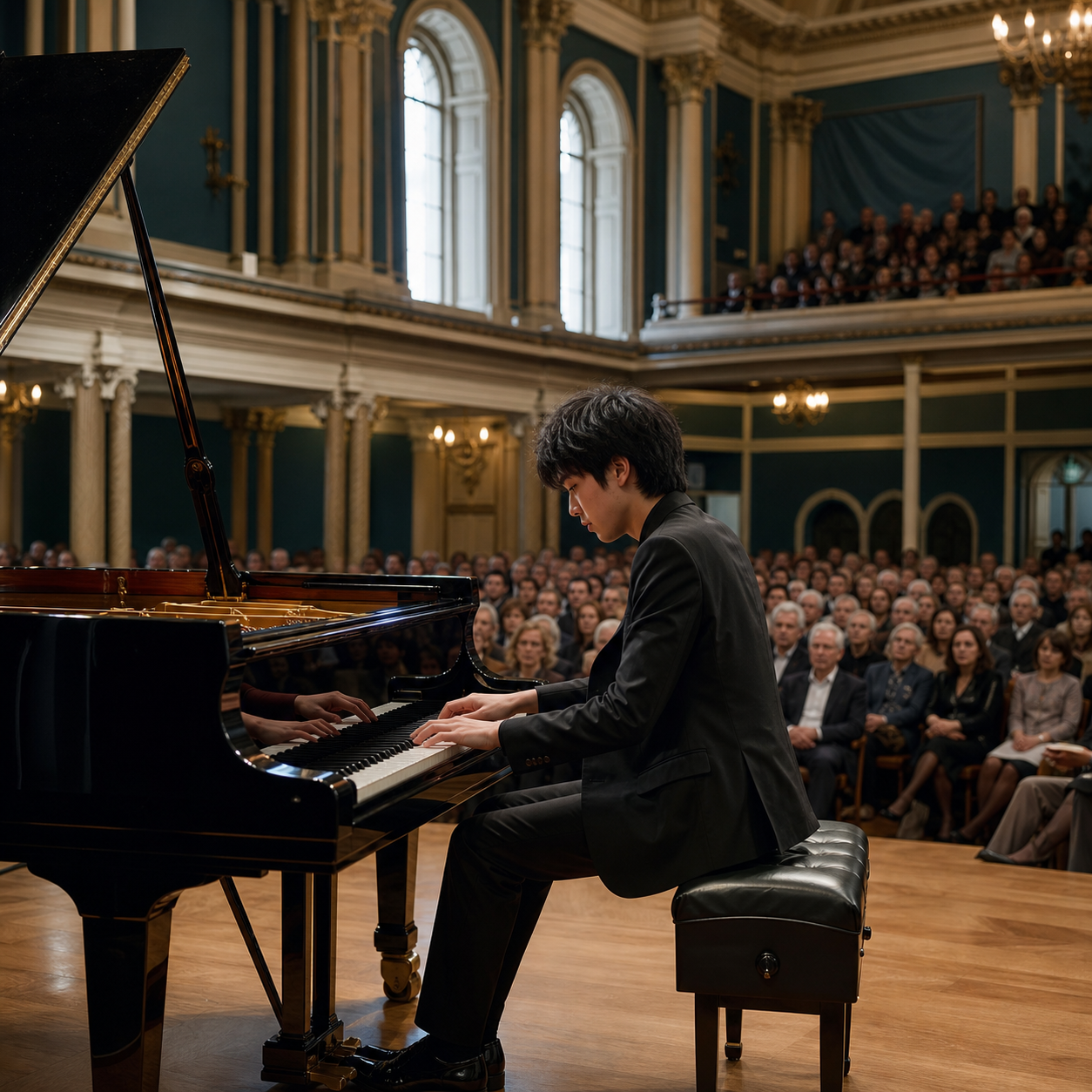 Audience listening to a pianist in a grand London concert hall