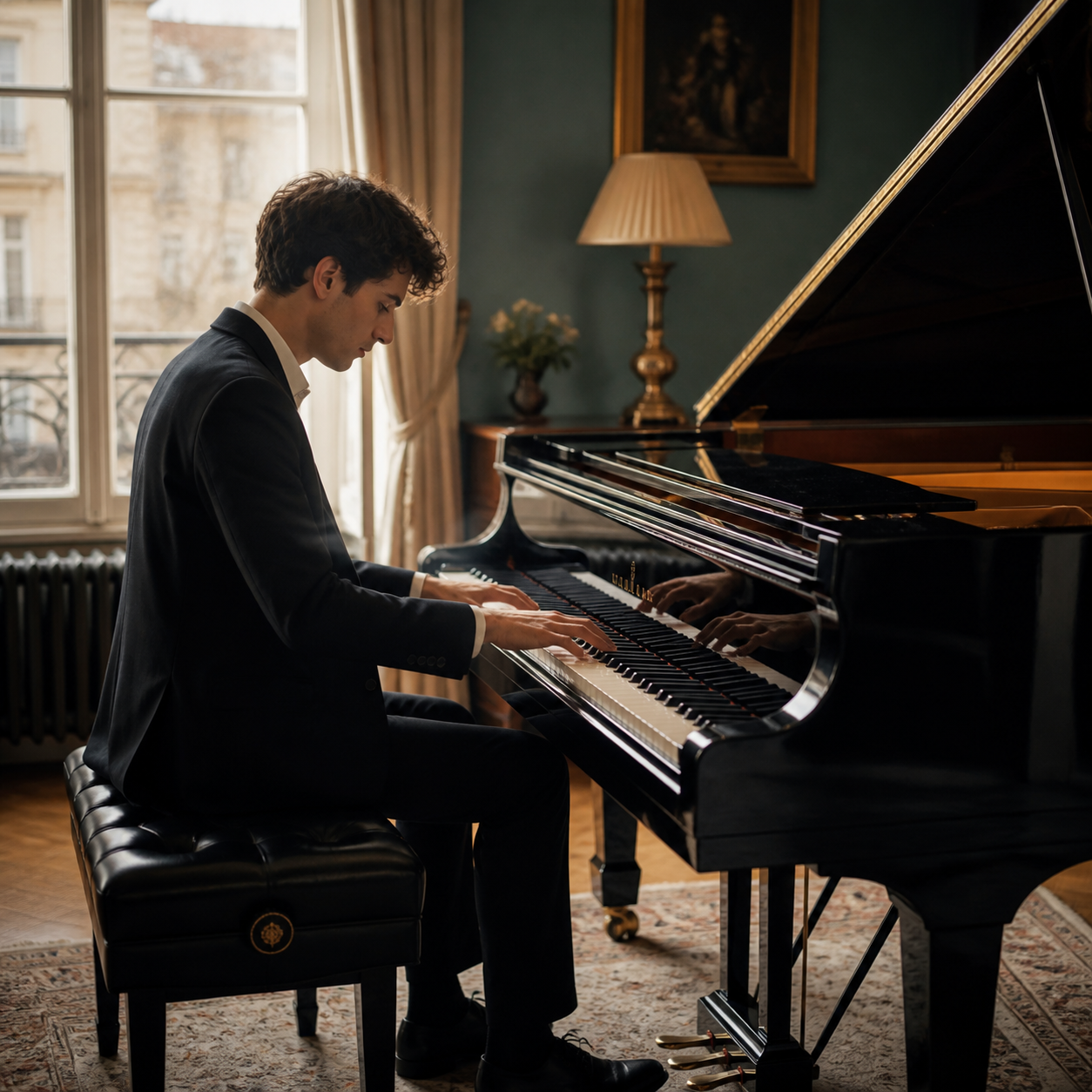 Pianist practising a quiet Chopin phrase under natural light