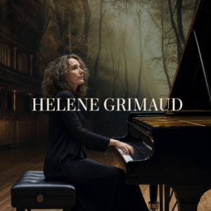 Helene Grimaud at a concert grand piano in a London hall with a woodland atmosphere