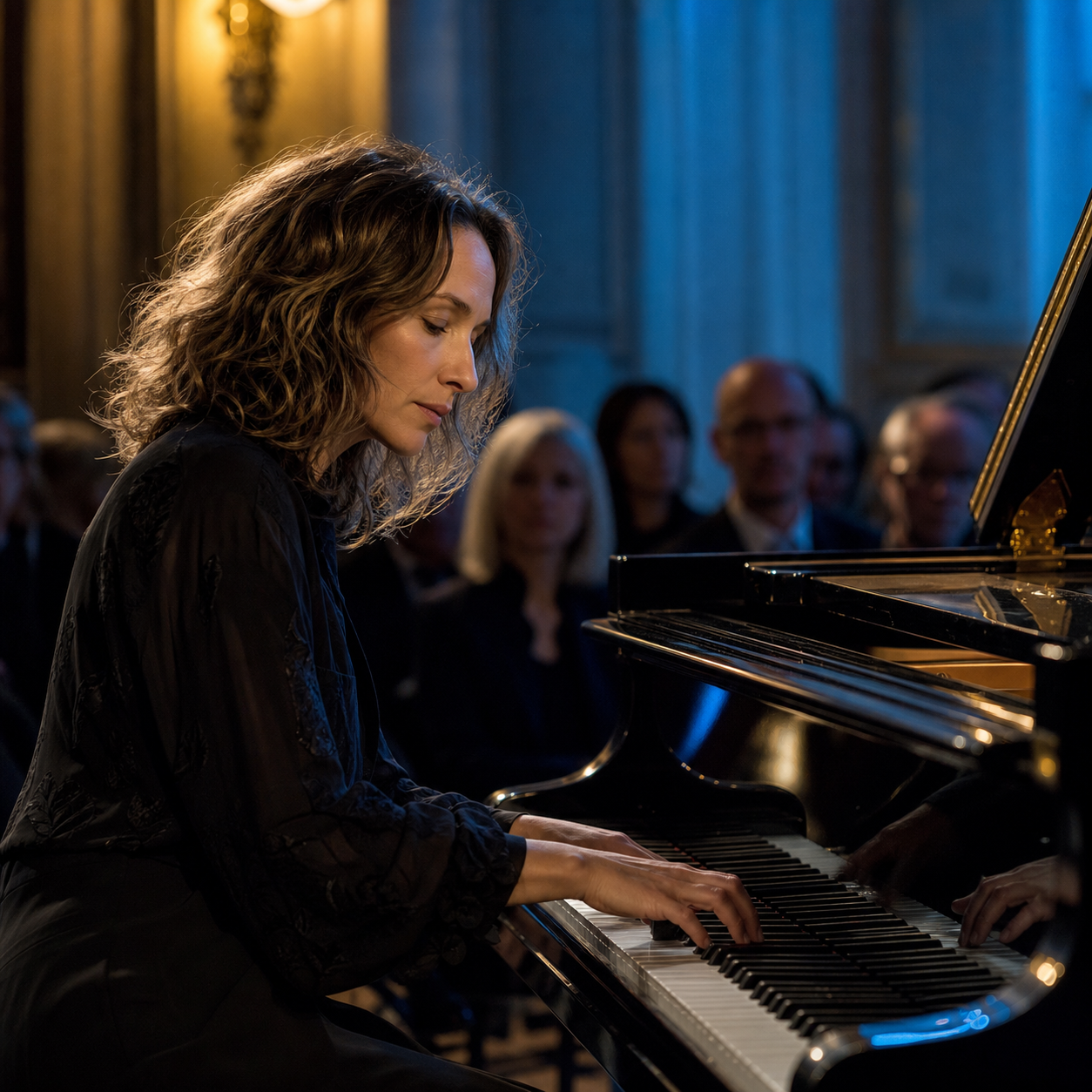 Helene Grimaud shaping tone and colour at a concert grand piano before an attentive audience