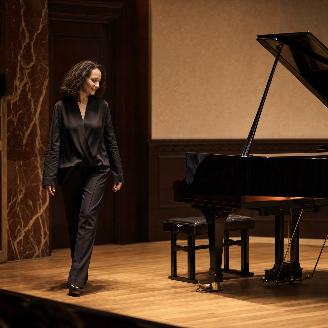 Helene Grimaud approaching a grand piano on a refined London recital stage