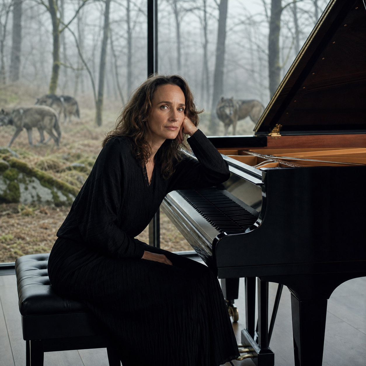 Helene Grimaud beside a grand piano with wolves visible in a distant woodland