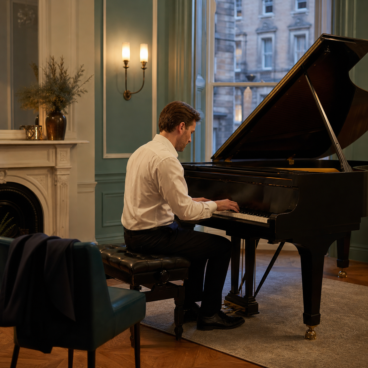 Adult beginning an evening piano practice after work