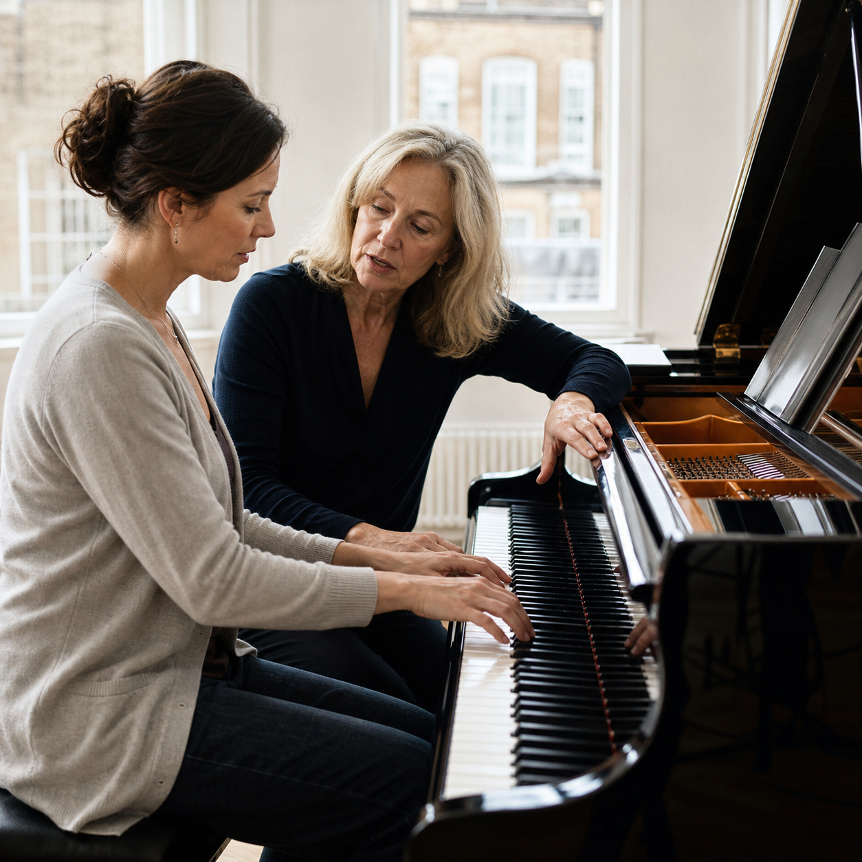 Adult learner and piano teacher working on phrasing