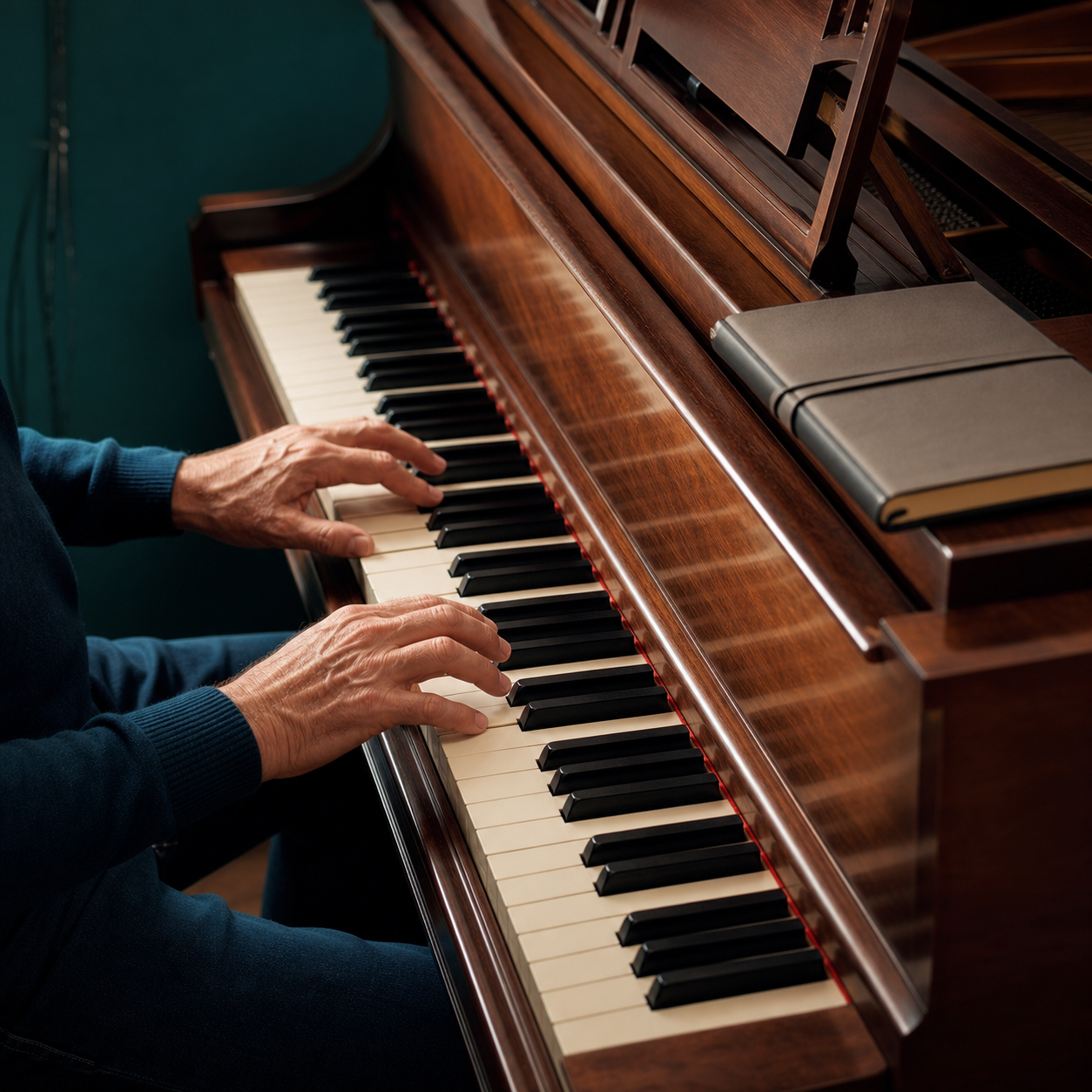 Mature adult hands practising a short piano passage slowly