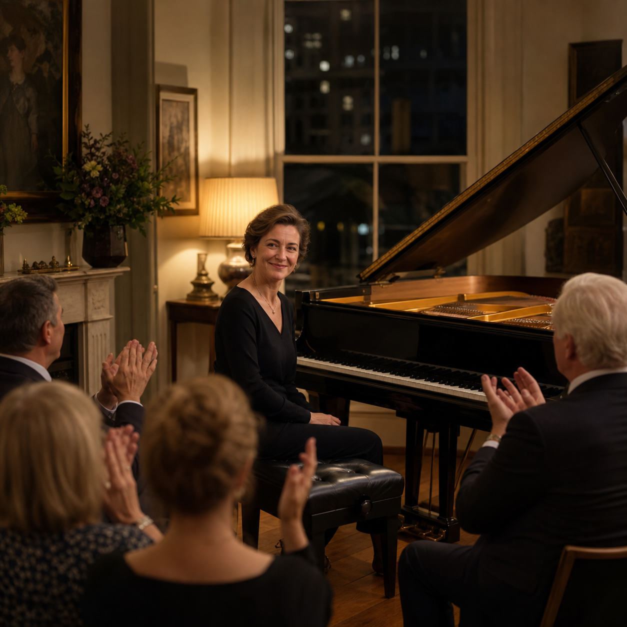Adult amateur pianist completing an intimate salon performance