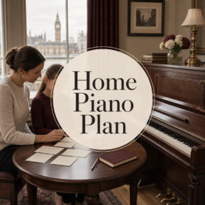 Homeschool piano curriculum planned by a parent and child beside a piano