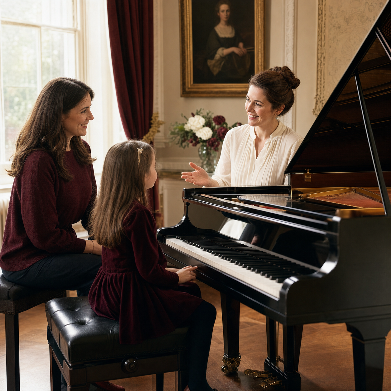 Piano teacher reviewing a homeschool pupil's progress with a parent