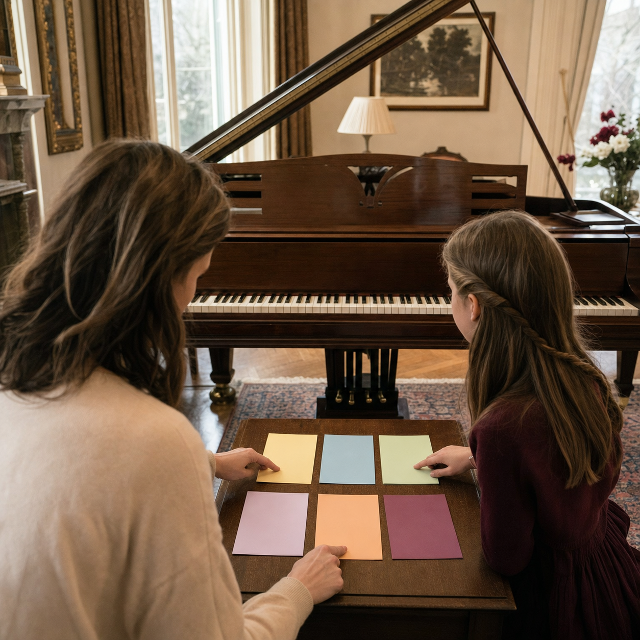 Parent and child arranging a balanced weekly homeschool piano curriculum