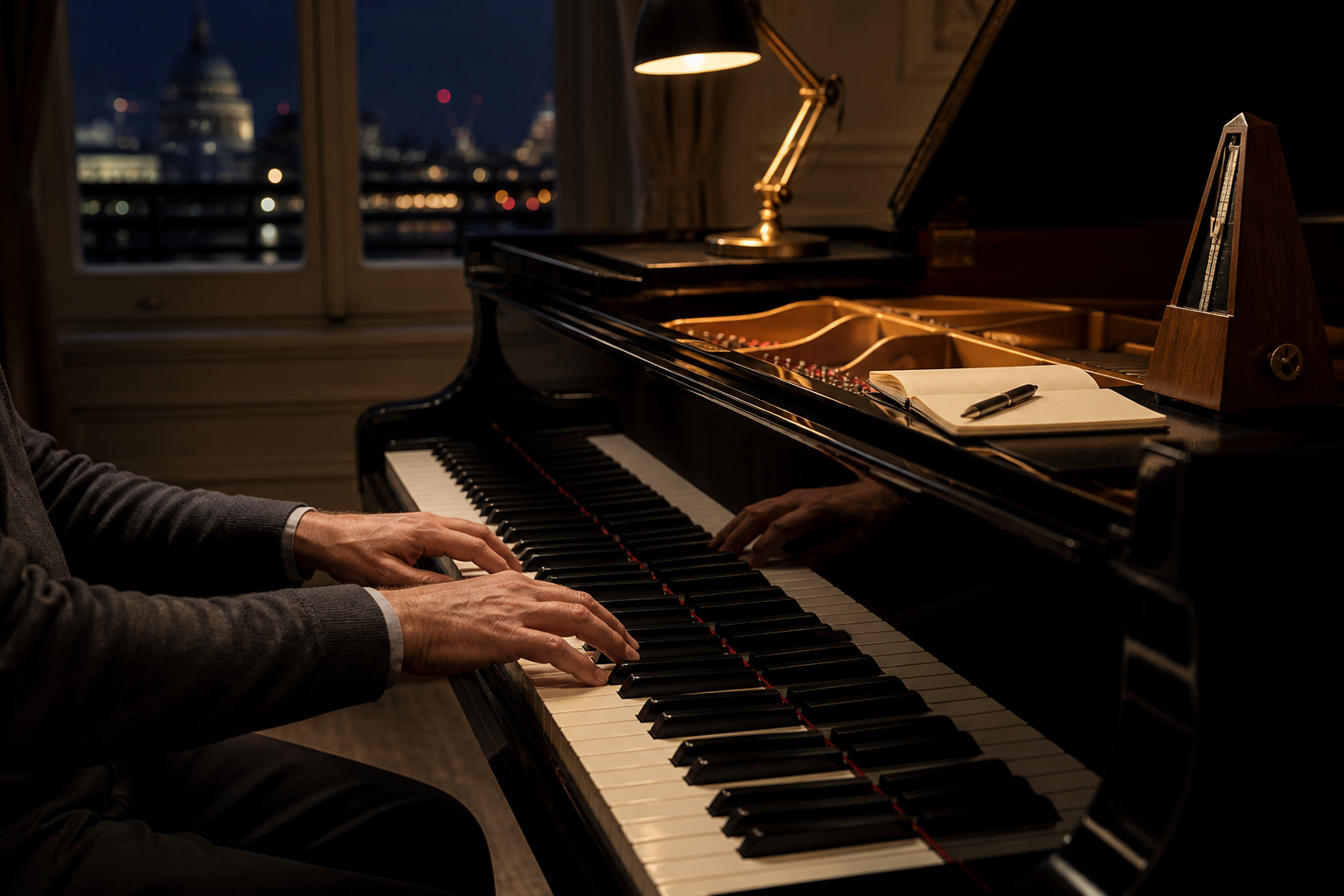 Adult pianist practising slowly after work with a metronome