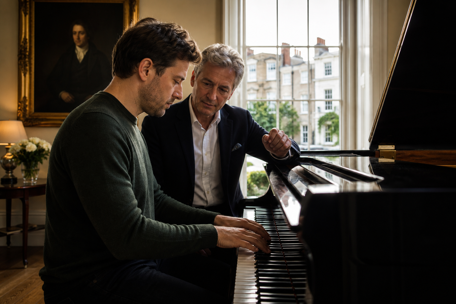 Adult beginner receiving focused piano guidance from a teacher