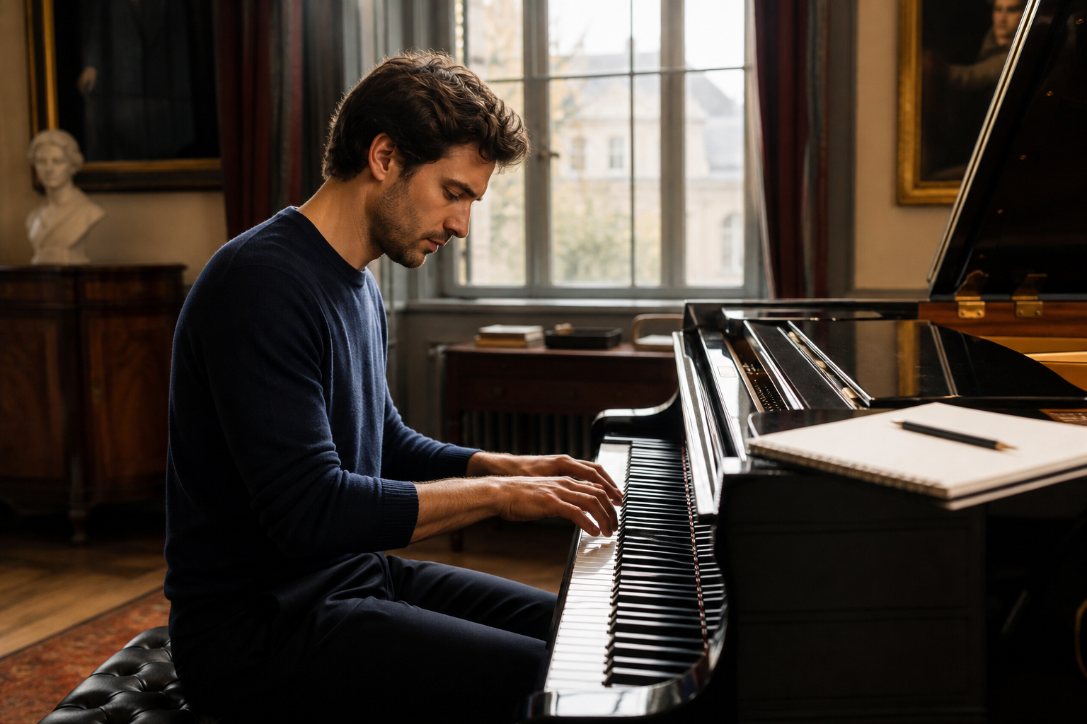 Adult learner practising piano after work with notes beside the keyboard