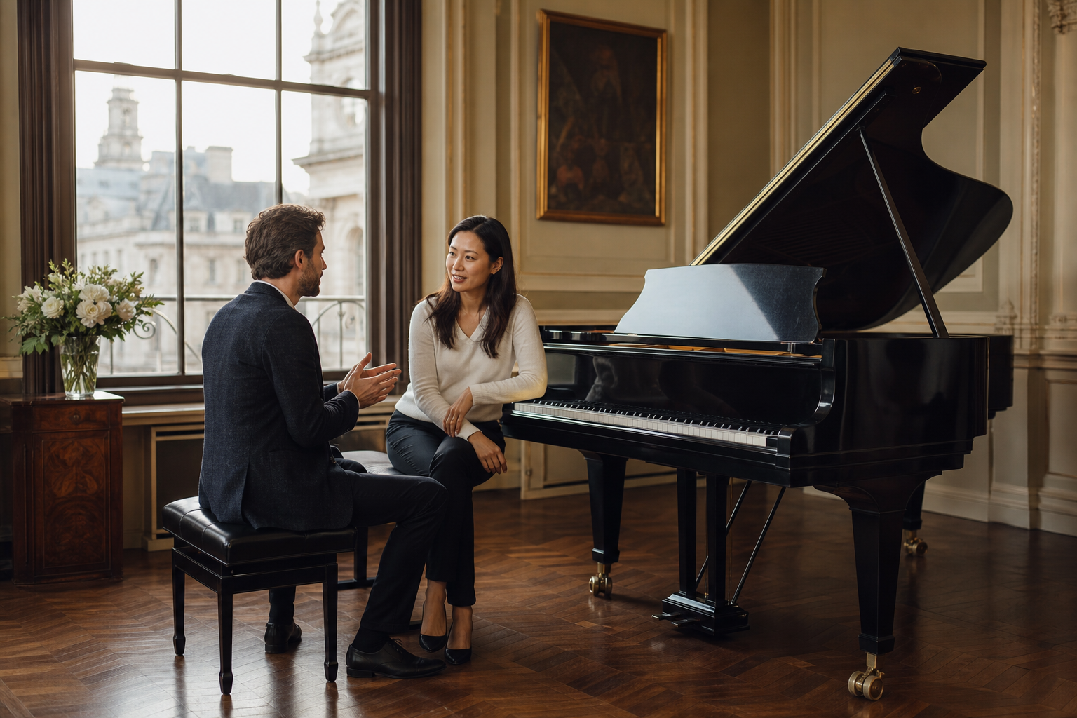 Adult learner and teacher discussing piano progress at the end of a lesson
